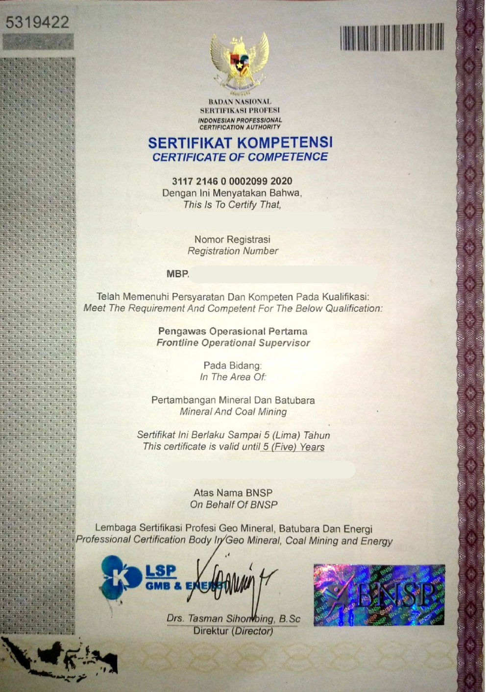 Contoh Sertifikat Kompetensi BNSP